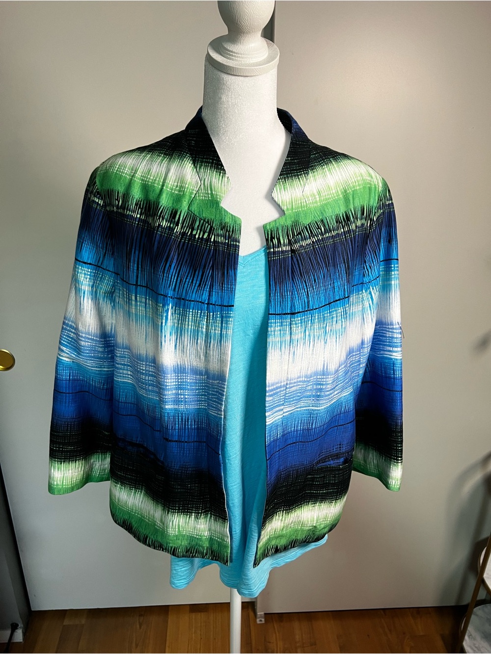 Chico's Blue Green Striped Open Cardinal-Collar Tunic bundle